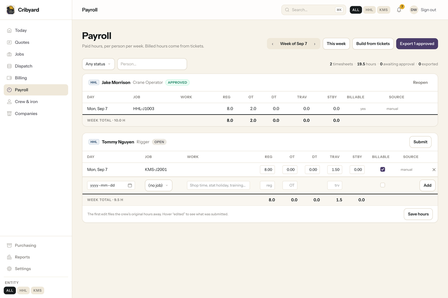 Weekly timesheets with regular and overtime hours, approvals and payroll export